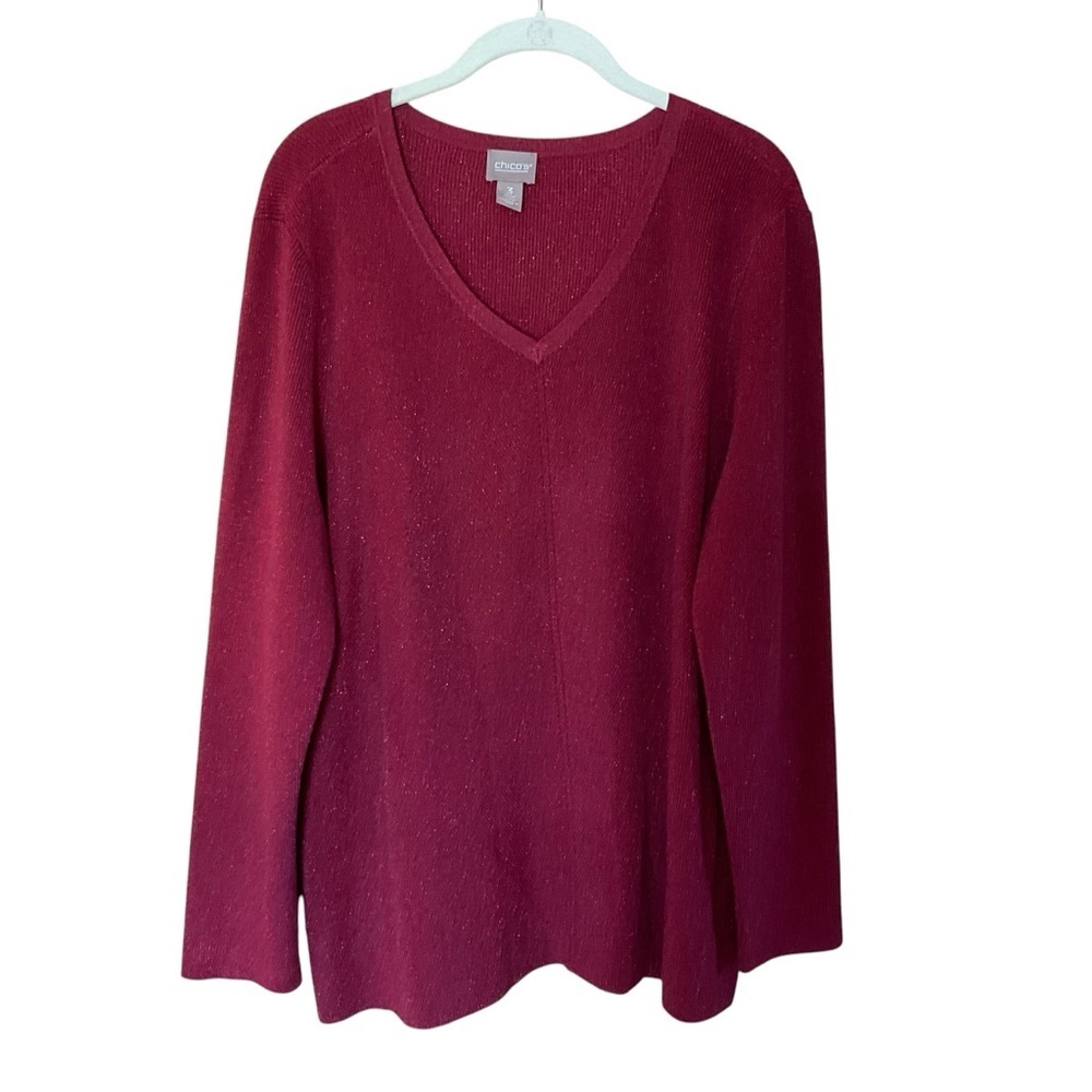 Chico’s Red Metallic V-Neck Sweater Size 3 (XL) Sparkle Knit Holiday Top NWT